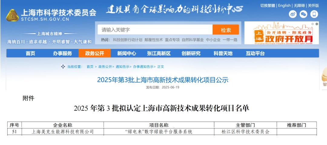 再摘上海市级荣誉！美克生能源“绿电来AI数字绿能平台”荣获上海高新技术成果转化项目认定